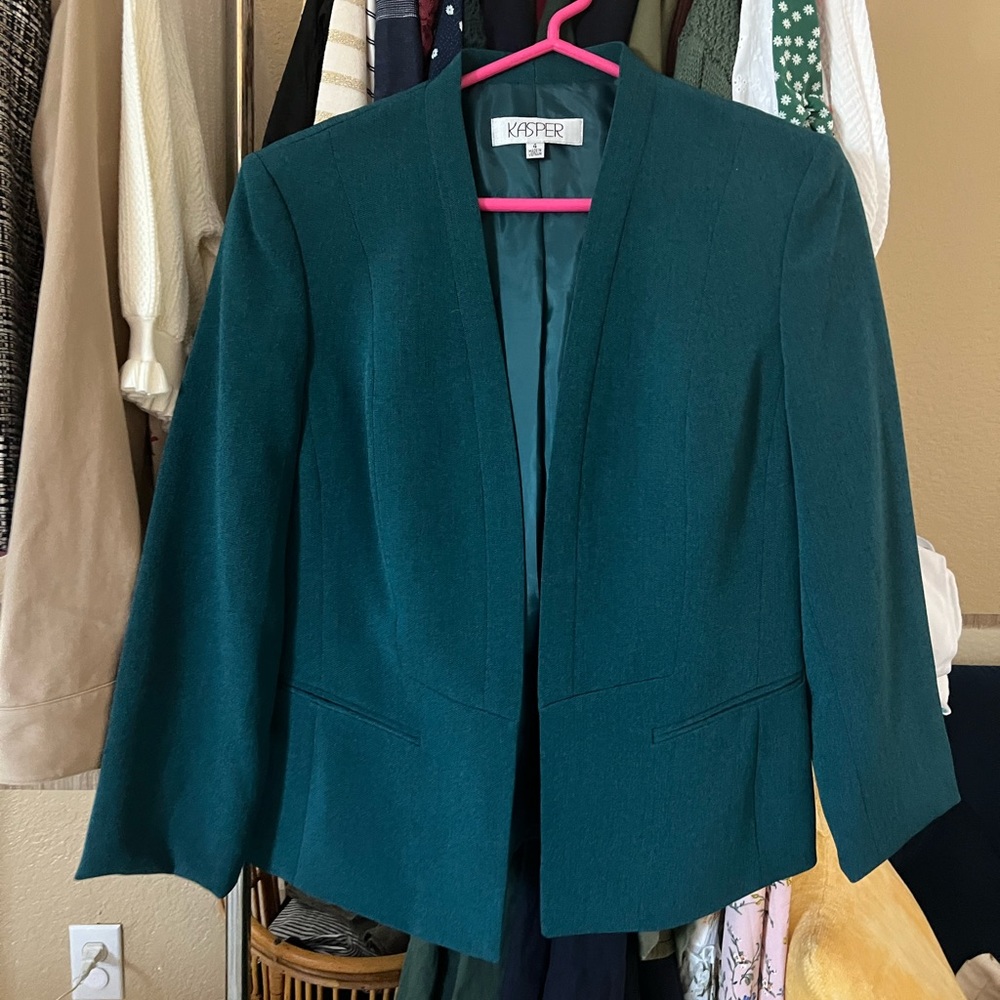 Kasper Teal Green Collarless Open Stretch Blazer Jacket Modern Chic size 4